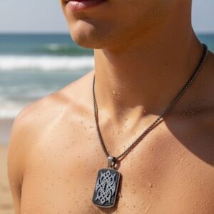 NWT Stainless Steel Black Plated Tribal Celtic Knot Dog Tag Pendant Necklace. Th